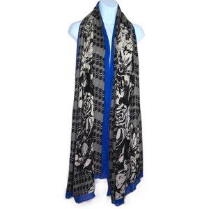 Stella & Dot Large Scarf Black & Cream Floral & Chevron Shawl / Wrap Blue Border